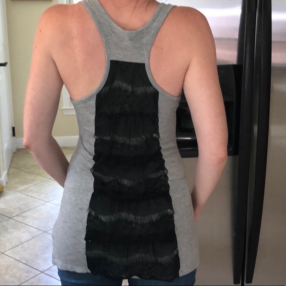 Grey tank top with black ruffled lace back detail